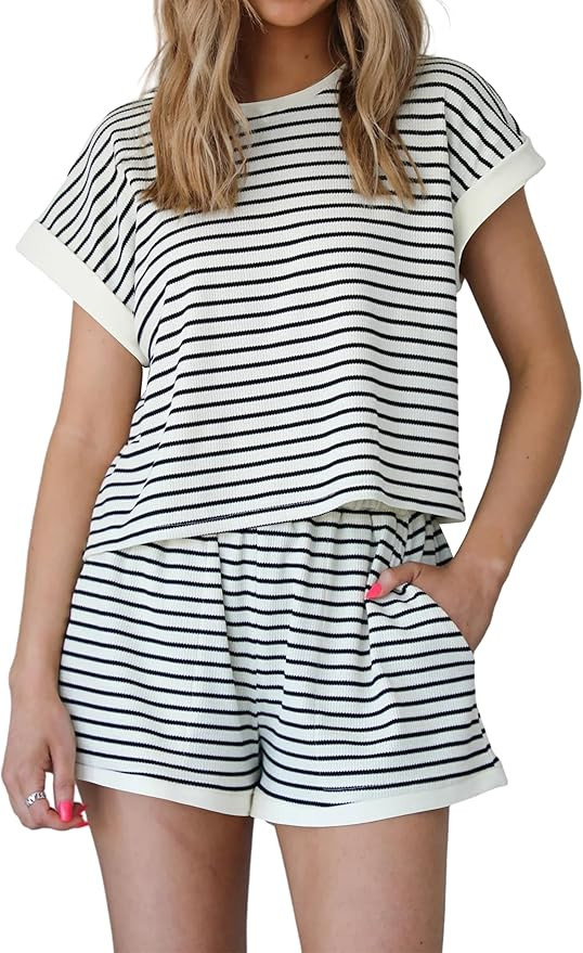 Women 2 Piece Lounge Set Striped Pattern Knit Tops Shorts Matching Set Summer Causal Tracksuit Ou... | Amazon (US)