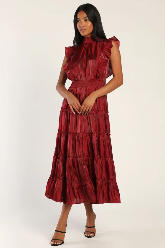 Take a Glance Burgundy Tiered Mock Neck Midi Dress | Lulus (US)