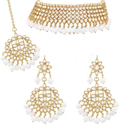 I Jewels Traditional Kundan & White Pearl Choker Necklace Set for Women (K7075) | Amazon (US)