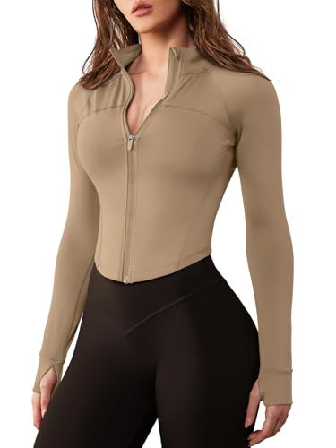 GYM RAINBOW Women's Zip Up Workout Jacket Lightweight Slim Fit Athletic Jacket Cropped Running Gym Tops with Thumb Holes(#1 Khaki,Small) | Amazon (US)