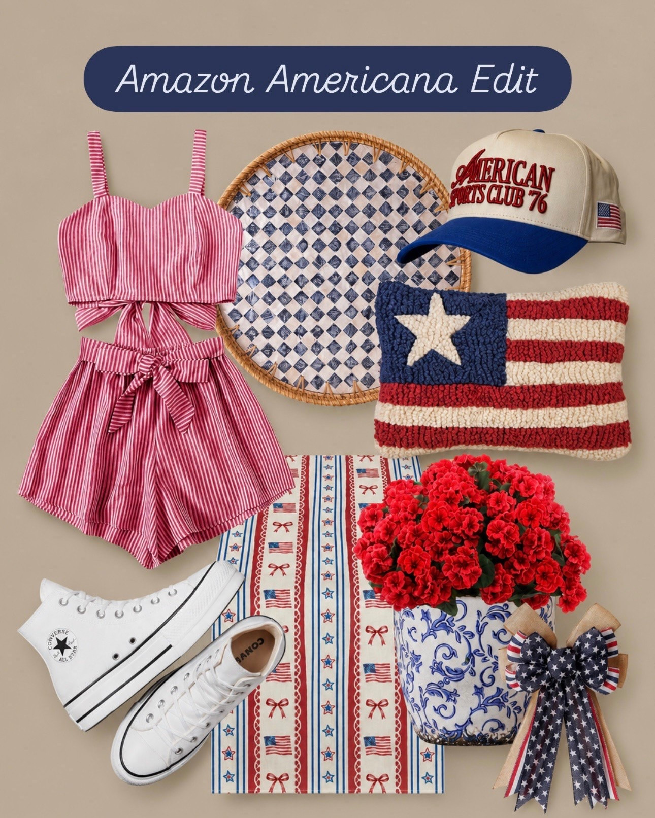 Amazon Americana Edit 🇺🇸 Summer Finds You’ll Love

Follow @farmtotablecreations on Instagram for more home and lifestyle finds 🤍

From the cutest striped matching set to patriotic home accents and classic summer accessories, this Amazon Americana edit is full of fun red, white, and blue finds perfect for Memorial Day, Fourth of July, and all your summer gatherings ❤️🤍💙 The flag pillow, woven tray, floral vase, and classic Converse sneakers make this entire collection feel cozy, festive, and effortlessly styled.

#amazonfinds #americana #summerstyle #patrioticdecor #summerdecor

americana decor | patriotic finds | red white and blue | summer hosting | memorial day decor | fourth of july decor | amazon fashion | patriotic pillow | striped romper | converse style | summer porch decor | patriotic bow | summer outfit ideas | amazon home finds | festive home decor | patriotic tablescape | summer accessories | woven tray | floral styling | summer entertaining | neutral summer decor | casual summer outfit | patriotic accents | cottage style | amazon favorites

#LTKHome #LTKootd #LTKSaleAlert