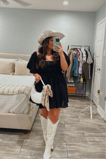 Dress: M 
Boots: 6.5 

Western look, black dress, cowgirl hat , white boots, white purse , Amazon style , 

#LTKshoecrush #LTKSpringSale #LTKtravel