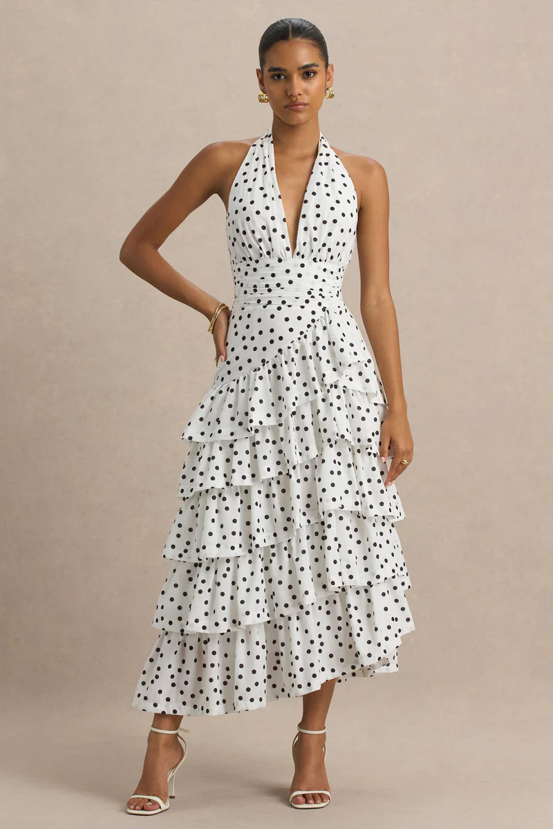 Violet  White Polka Dot Linen Midi Dress With Halter-Neck and Ruffled Skirt | Club L London