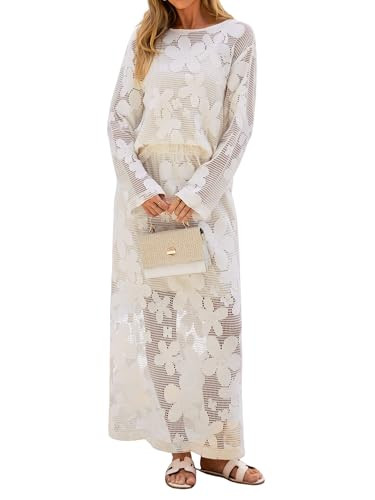 Glamaker Womens Crochet Cover Up 2 Piece Skirt Set Summer Long Sleeve Floral Midi Skirt Sets Trav... | Amazon (US)
