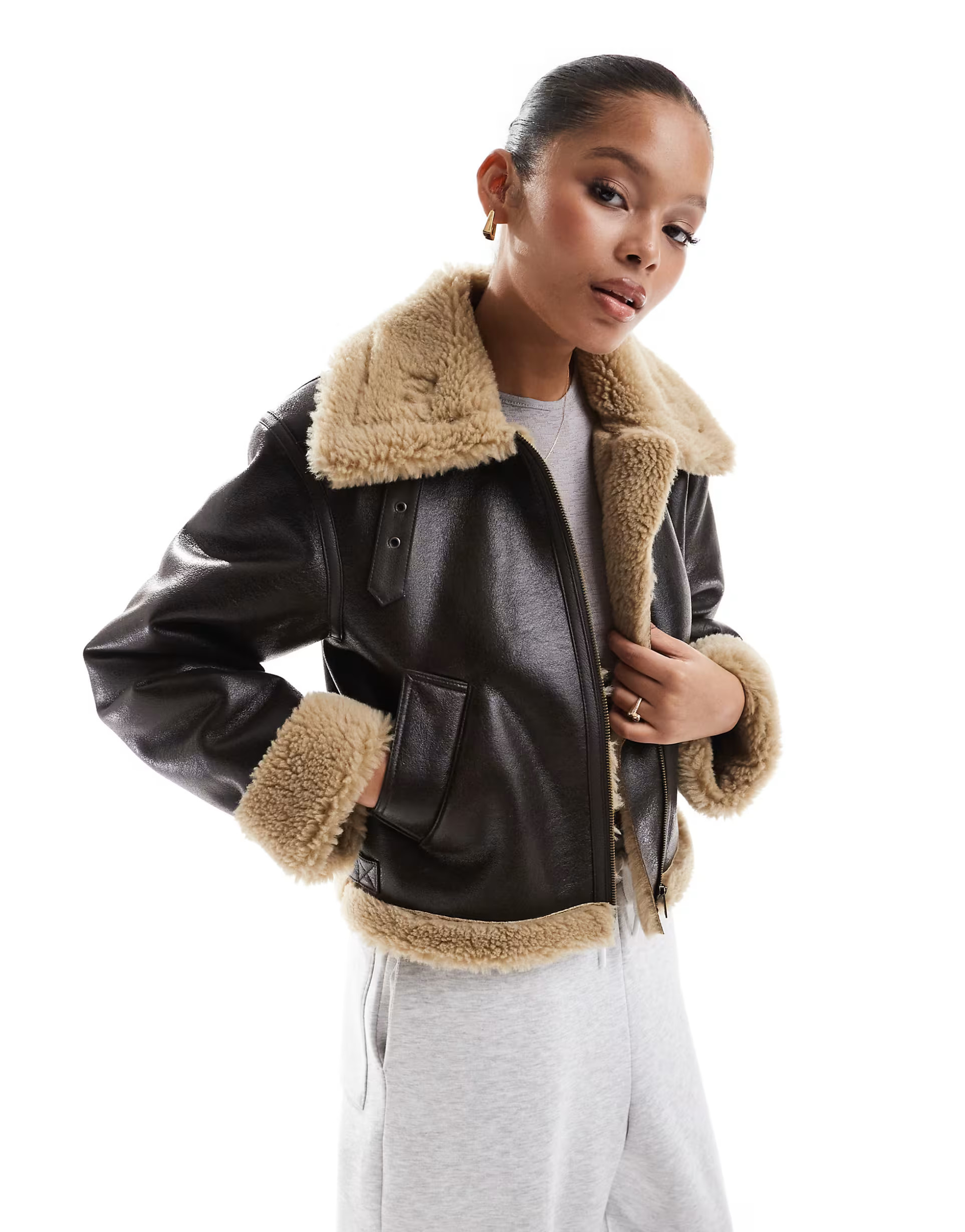ONLY faux fur aviator jacket in brown | ASOS (Global)