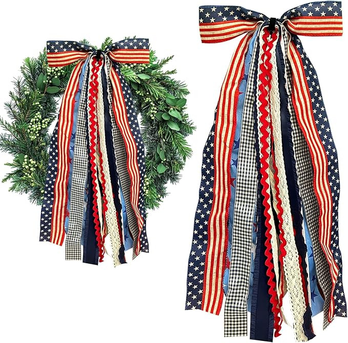 Large Patriotic Star Ribbons Bow for Wreath, Red White Buffalo Plaid Fabric Ribbons Set Assorted ... | Amazon (US)