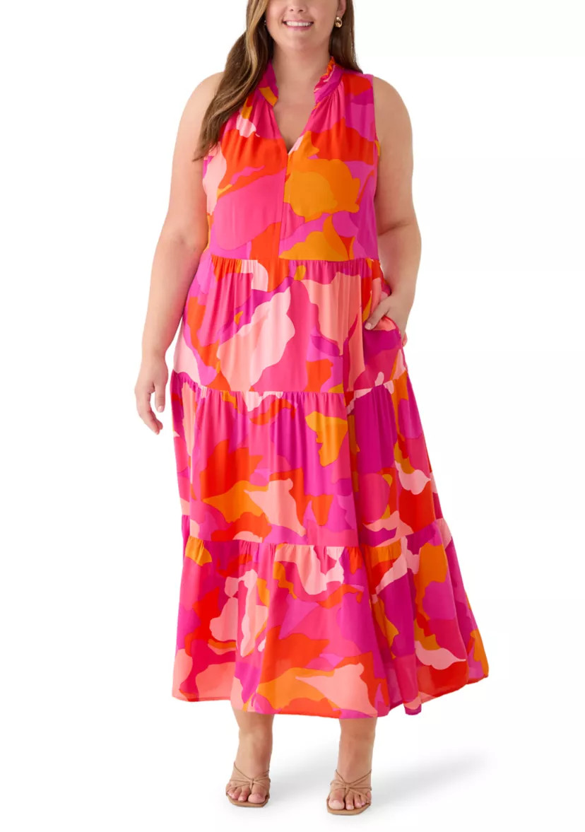 Plus Size Challis V-Neck Tiered Dress | Belk