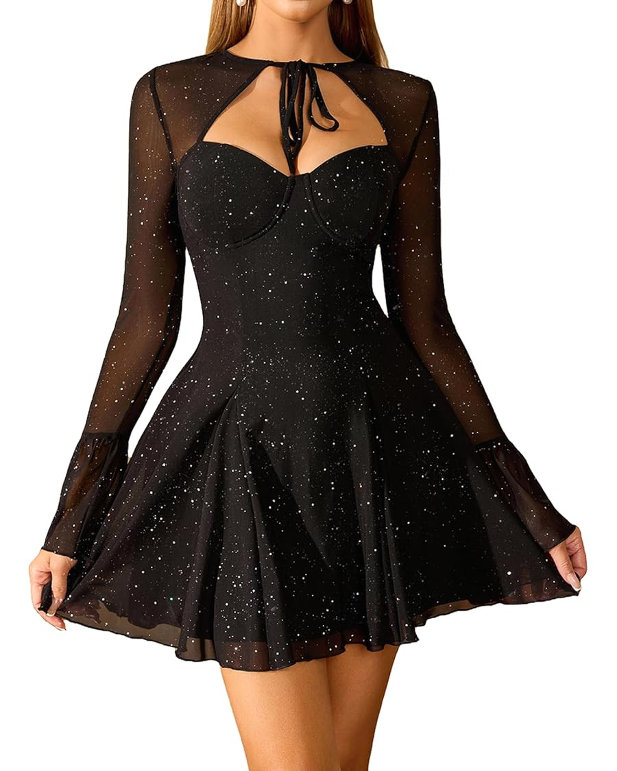 HTZMO Women Long Sleeve Sequin Mini Dress Sexy Cut Out Tie Neck Sparkly Party Night Going Out Dre... | Amazon (US)