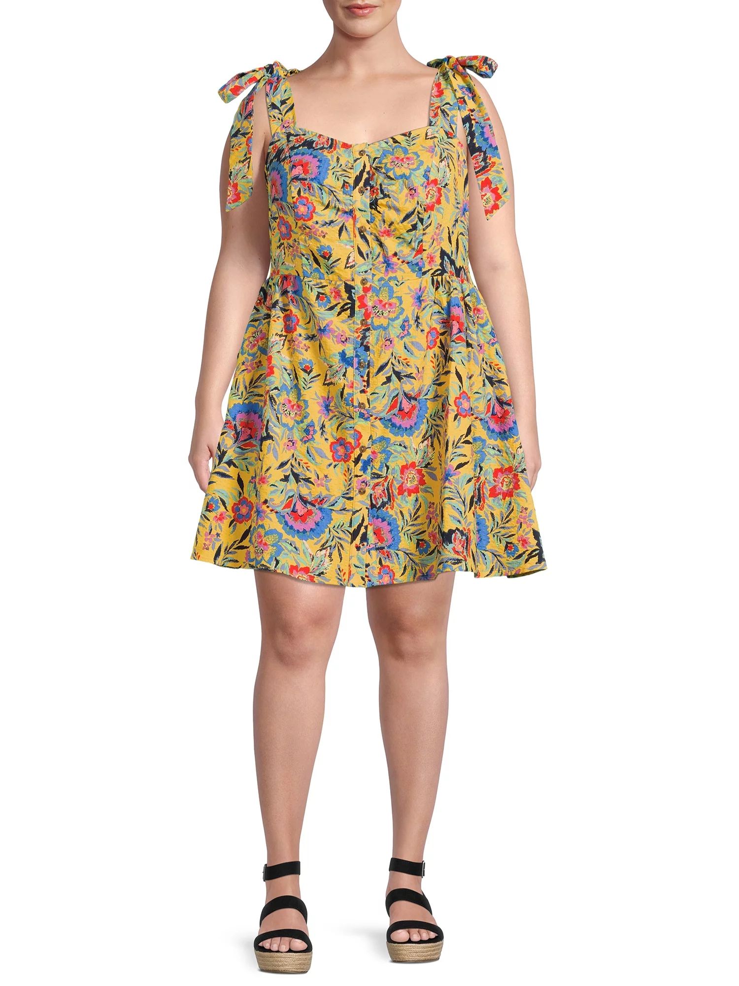 Terra & Sky Women's Plus Size Button Front Tie Shoulder Dress - Walmart.com | Walmart (US)