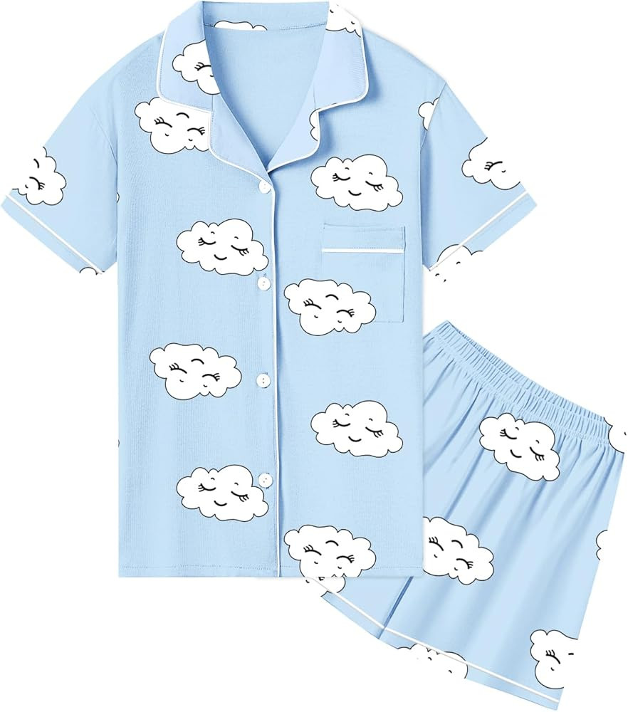 QZH.DUAO Girls & Women's Pajamas Set 100% Cotton PJ Set Button-Down Short Sleeve Sleepwear for Ag... | Amazon (US)