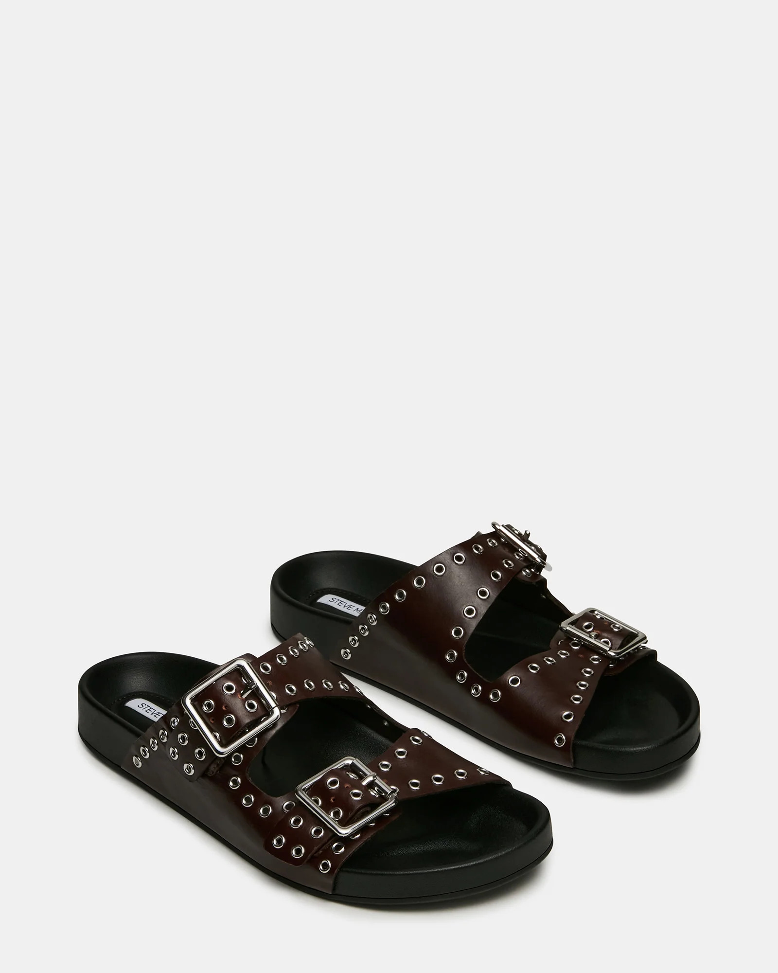 ABOTT Burgundy Leather Grommet Buckles Footbed Slide Women's Sandal | Steve Madden (US)