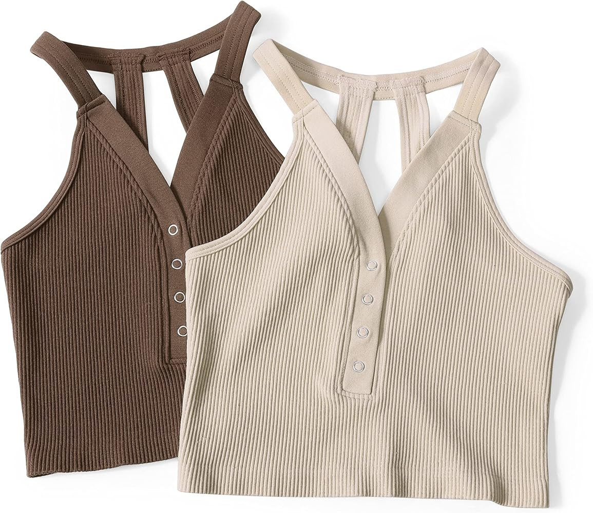ODODOS 2-Pack Seamless Henley Crop for Women Open Back Ribbed Tank Button-up Cropped Top | Amazon (US)