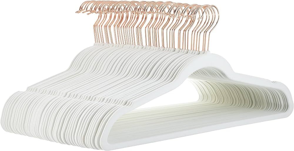 Amazon Basics Slim, Velvet, Non-Slip Suit Clothes Hangers, Ivory/Rose Gold - Pack of 50 | Amazon (US)