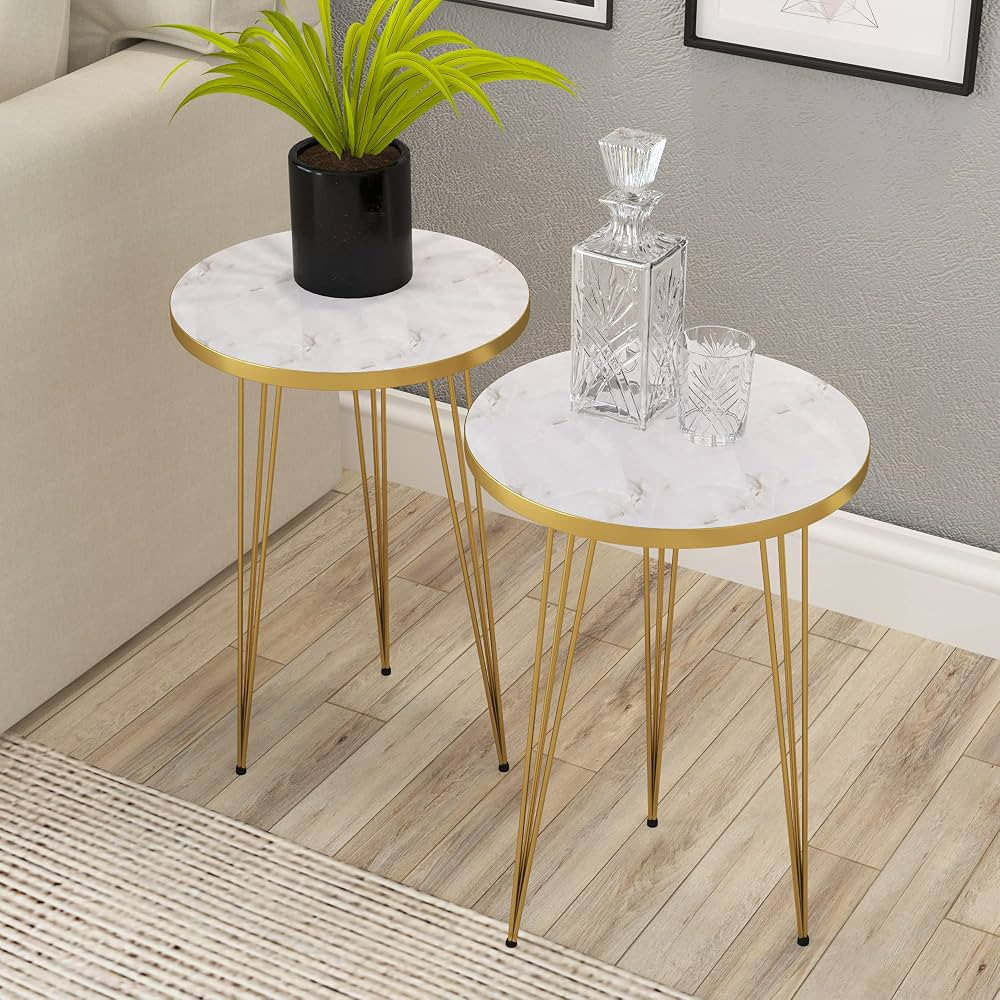 PAK HOME - Set of 2 End Table - High Gloss White Marble Look with Gold Metal Legs Round Wood Sofa... | Amazon (US)