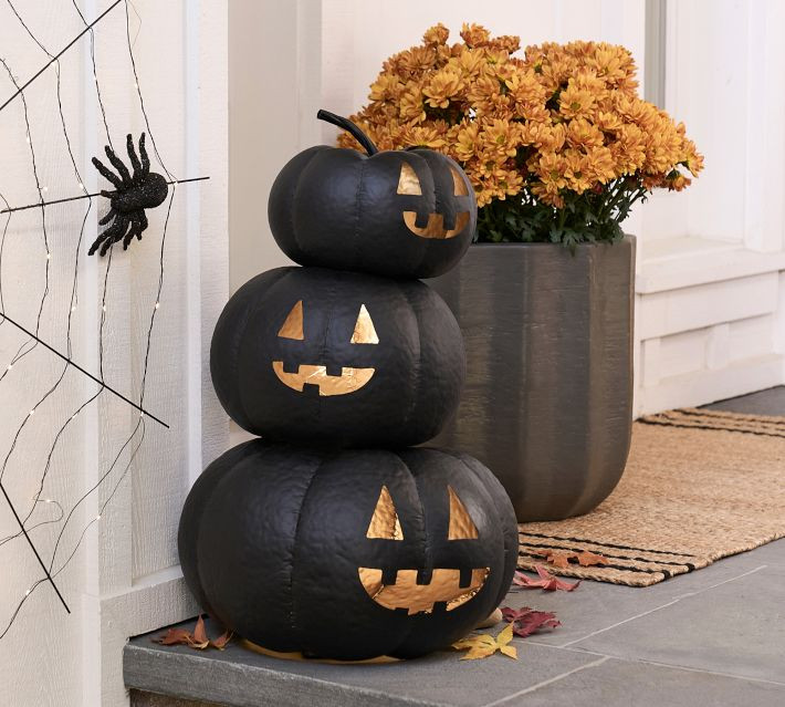 Lit Hammered Jack O'lantern, 3 Stacked, Black/Gold | Pottery Barn (US)