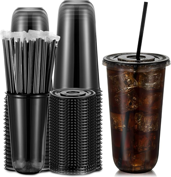 Ziliny 50 Sets 20 oz Black Plastic Iced Coffee Cups with Lids and Straws | Amazon (US)