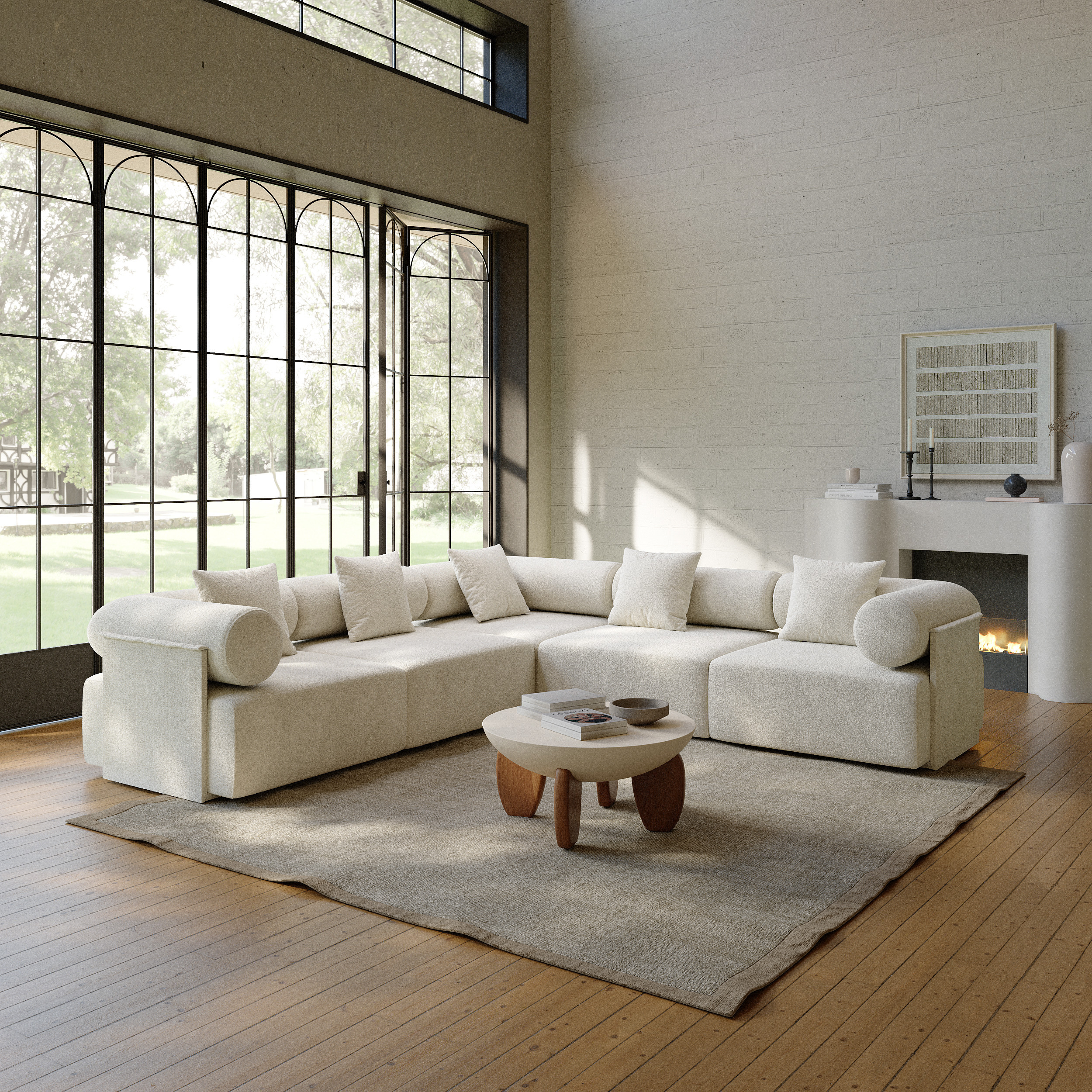 110"" 5-Piece Modular White Velvet L-Shape Sectional Sofa & Round Concrete Coffee Table | Homary