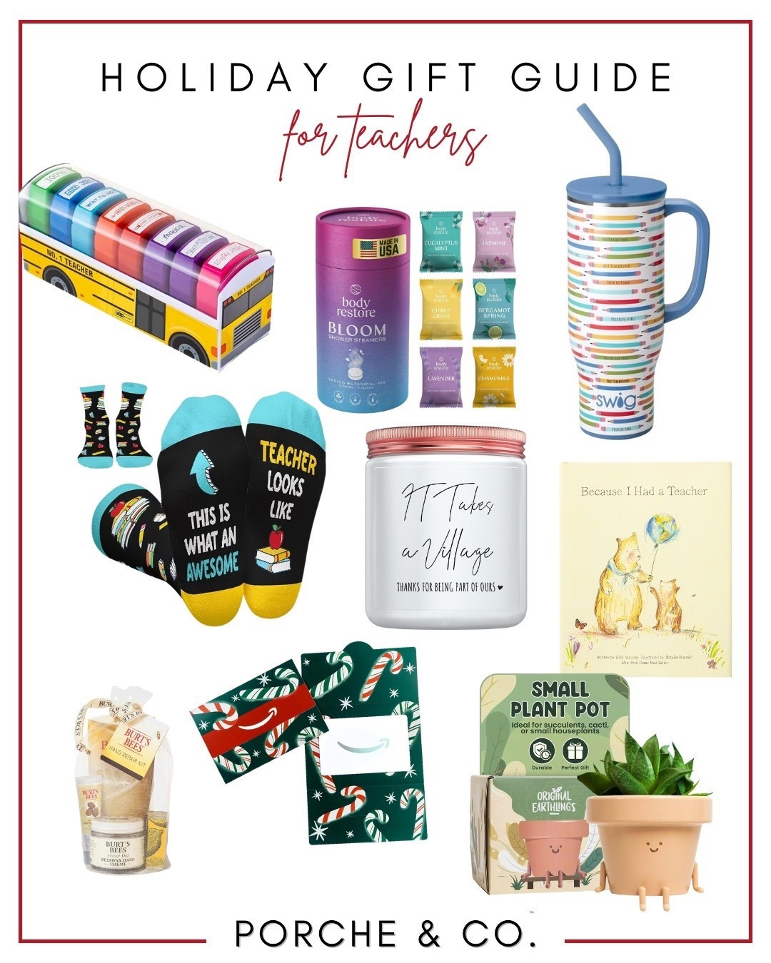 The sweetest gifts for teachers 🍎✨ Thoughtful, practical, and guaranteed to make your favorite educators feel appreciated this holiday season.
From classroom-friendly goodies to relaxation essentials and little everyday joys, these gifts are perfect for saying thank you to the ones who pour so much into our kids. ❤️📚

🎁 WHAT’S INCLUDED:
• Teacher-themed sock set
• Shower steamers gift set
• Swig teacher tumbler
• “It Takes a Village” candle
• Because I Had a Teacher book
• Burt’s Bees pampering set
• Holiday gift cards
• Mini succulent plant pot

#HolidayGiftGuide #TeacherGifts #GiftsForTeachers #TeacherAppreciation #TeacherTumbler #ShowerSteamers #TeacherSocks #TeacherCandle #TeachersRock #GiftIdeasForTeachers #AmazonGifts #AmazonFinds #LTKGiftGuide #LTKHoliday #PorcheAndCo


#LTKGiftGuide #LTKFindsUnder100 #LTKHoliday