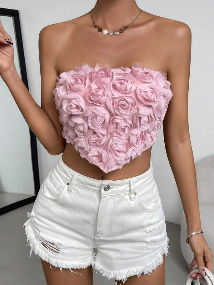 SHEIN BAE Stereo Flower Bandana Hem Crop Tube Top | SHEIN