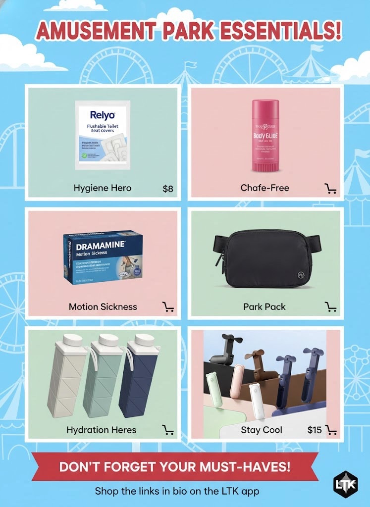 Park day essentials you don’t want to skip 🎢☀️
Hands free belt bag for rides + a foldable fan to stay cool all day. Perfect for amusement parks, travel days, and long walks with the kids. Comfort, convenience, and cute all linked for you 🤍

#LTKTravel #LTKmomlife