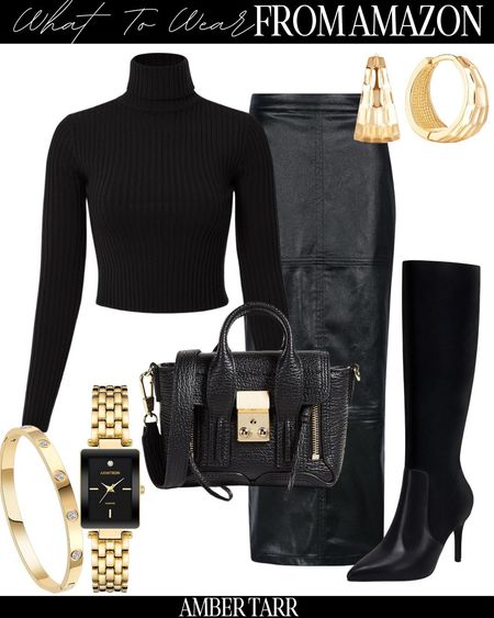 All black edgy look with gold accessories and faux leather maxi skirt. 

#LTKfindsunder100 #LTKfindsunder50 #LTKover40