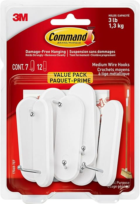 Command Medium Wire Hooks Value Pack, White, 7-Hooks, 12-Strips, Organize Damage-Free | Amazon (US)