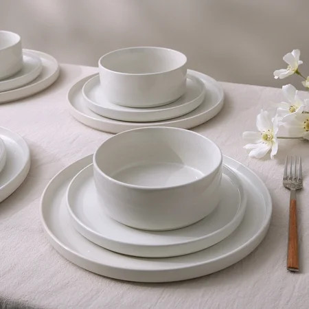 Famiware 12 Piece Dinnerware Set, Stoneware Plates and Bowls Set, Dish Set for 4, White | Walmart (US)