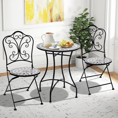 Bistro Table Set For 2, 3-piece Mosaic Patio Table With Folding Chairs, Steel Frame, Outdoor Furniture For Balcony Garden | Wayfair North America