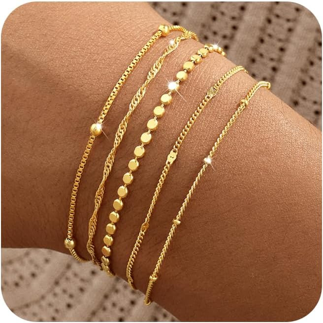 Gold Bracelets for Women, 14K Gold Plated Stackable Bracelet Stack Set Adjustable Charm Paperclip... | Amazon (US)