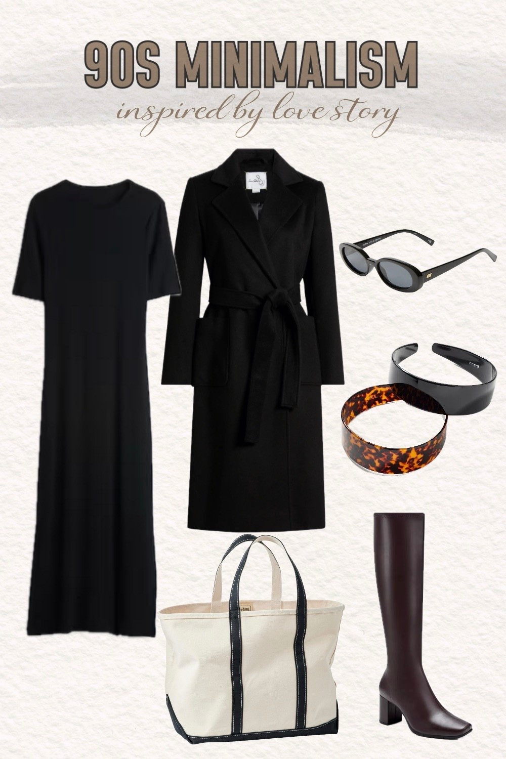 Channel timeless 90s minimalism with this effortlessly chic fashion edit inspired by the clean, understated aesthetic of the era. This collage proves that a few well-chosen staples can create a look that's both practical and incredibly polished.

Start with the ultimate foundation piece: a simple black dress that's versatile enough for anything. Layer a belted wool coat over top for structure, warmth, and that classic 90s silhouette. Finish with tall leather boots that add just the right amount of edge while keeping the look grounded. Accessories make all the difference: a classic headband adds preppy polish, oval sunglasses bring that cool, understated vibe, and the iconic LLBean Boat and Tote is the perfect practical-yet-stylish carryall.

This outfit is intentional, comfortable, and timeless—ideal for chilly days, city strolls, or anytime you want to look effortlessly put together. Shop this entire 90s-inspired minimalist.

#LTKootd #LTKWorkwear #LTKstorytime