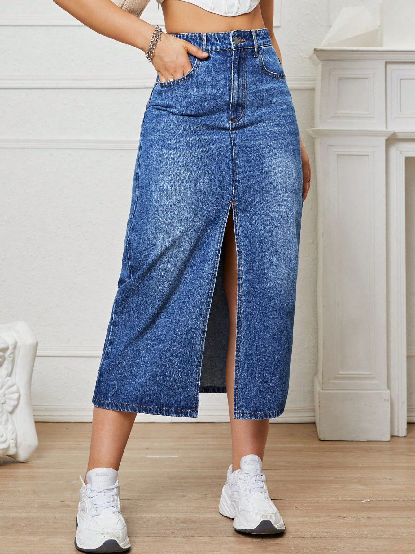 SHEIN EZwear High Waist Split Thigh Denim Skirt | SHEIN