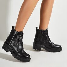 Eyelet Buckle Decor Block Boots | SHEIN