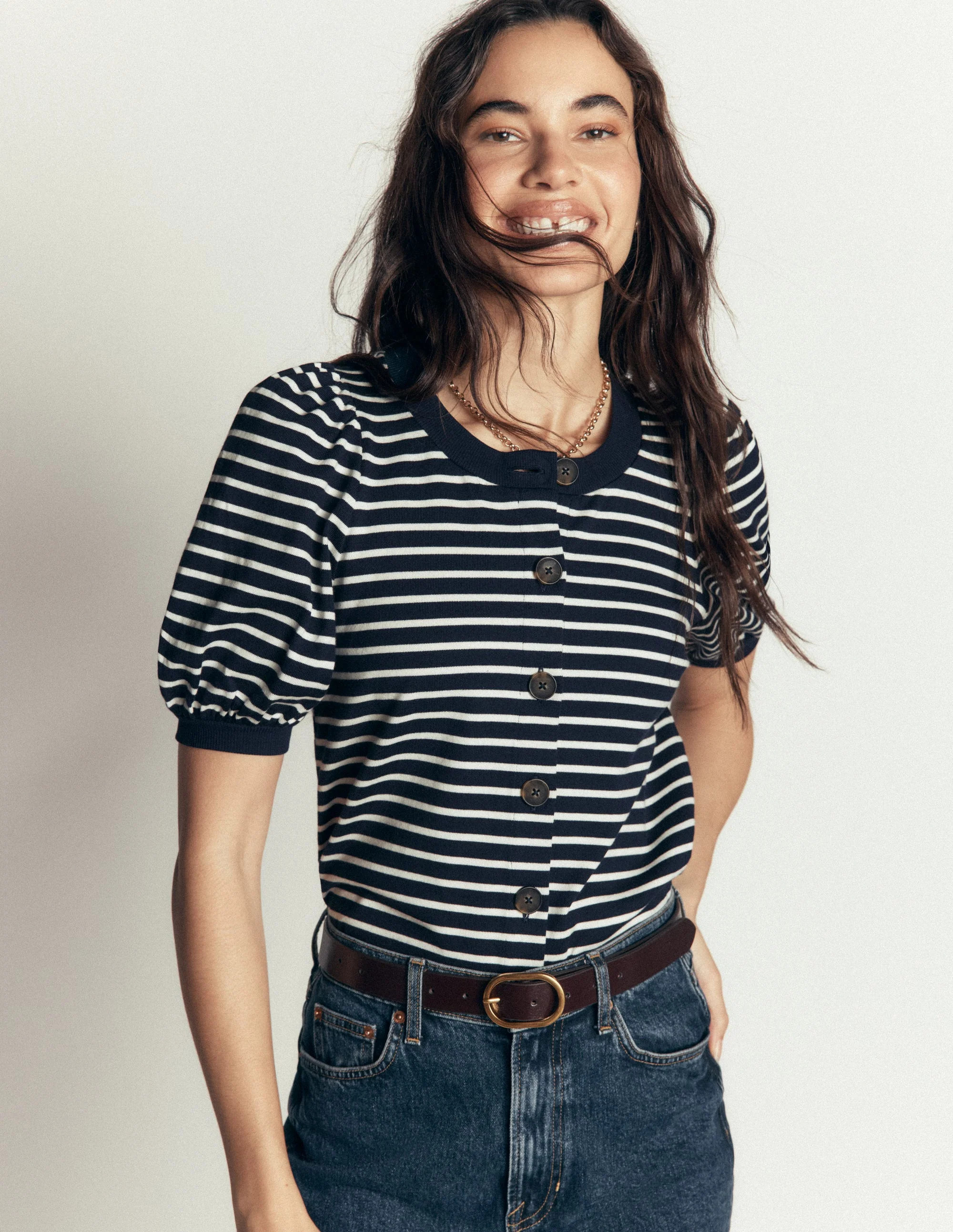 Button-through Puff Sleeve Top-Navy and Ivory Stripe | Boden (US)