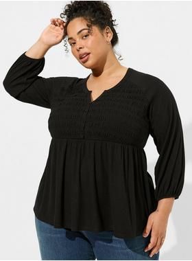 Texture Jersey Raglan Smocked Henley Babydoll | Torrid (US & Canada)