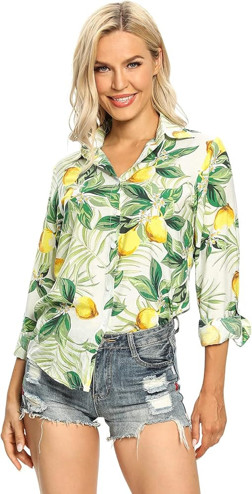 Aeslech Women's Button Down Hawaiian Shirt Lightweight Floral Print Aloha Party Tops | Amazon (US)