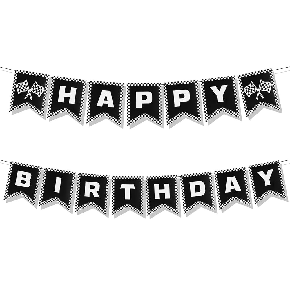 Race Car Happy Birthday Banner, Themed Party Supplies Decorations Checkered Flags Black and White... | Amazon (US)