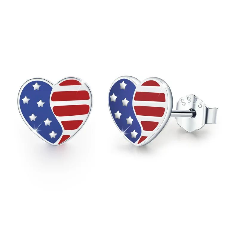 Cuoka USA American Flag Earrings Studs Patriotic Earrings Sterling Silver Heart Earrings for Wome... | Walmart (US)