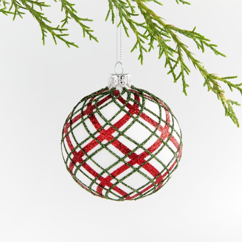 Handmade Red and Green Glitter Plaid White Glass Ball Christmas Ornament | Crate & Barrel | Crate & Barrel