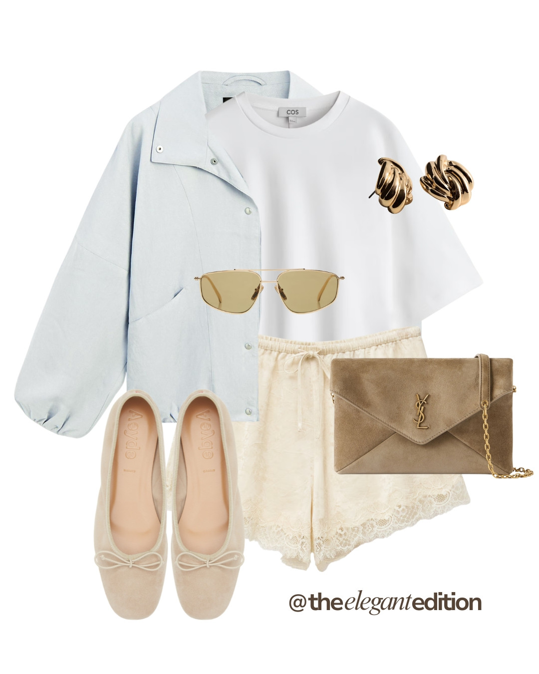 SUMMER LOOK - A fresh and effortless spring/summer outfit. Light blue jacket, white oversized tee, cream lace shorts and ballet flats for everyday or city break 

#jacket #laceshorts #balletflats #LTKspring #LTKsummer #LTKstyletip 

 #LTKeurope #LTKsummer #LTKstyletip