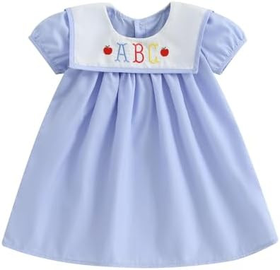 Toddler Girl Back to School Dress Embroidery Short Sleeve Smocked Dress First Day of Preschool Ki... | Amazon (US)