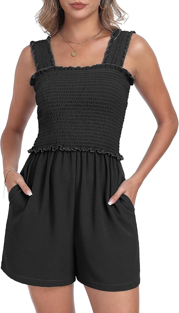QIXING Women's Summer Casual Rompers Dressy Smocked Loose Comfy Short Jumpsuits Vacation Outfits ... | Amazon (US)