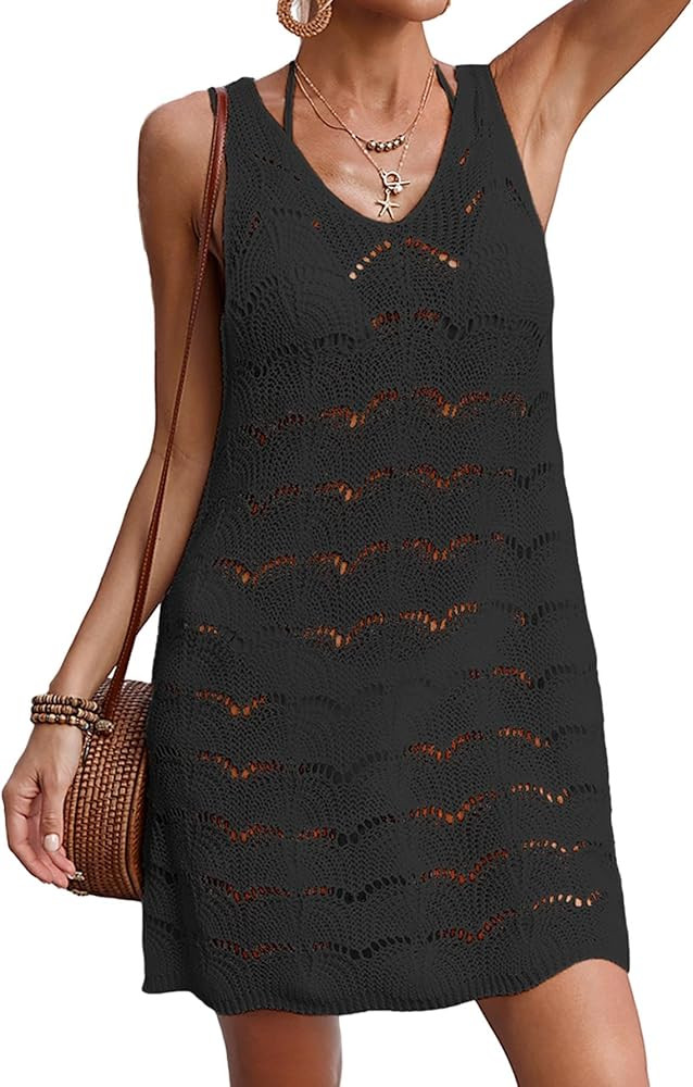 Womens Crochet Cover Up Swimsuit Mesh Beach Midi Dress Floral Knit Summer Backless V Neck Bathing... | Amazon (US)