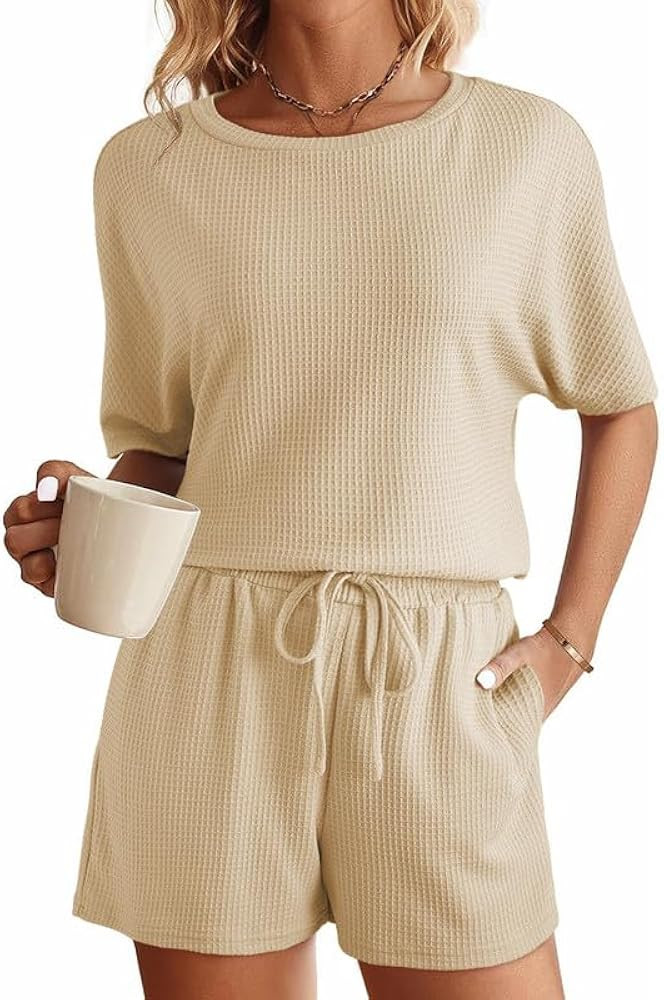 SHEWIN Womens Pajama Sets Waffle Knit Lounge Set 2 Piece Outfits Loungewear Sweatsuit with Pocket... | Amazon (US)