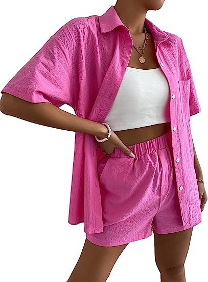SweatyRocks Women's 2 Piece Outfits Half Sleeve Drop Shoulder Button Front Blouse and Straight Le... | Amazon (US)