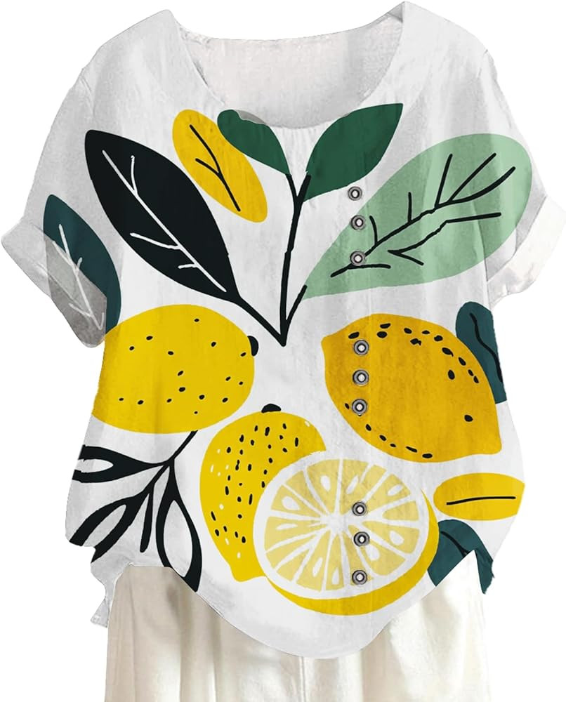 Summer Fruit Printed T-Shirt Women Hawaiian Vacation Beach Shirt Button Decor Bohe Casual Crew Ne... | Amazon (US)