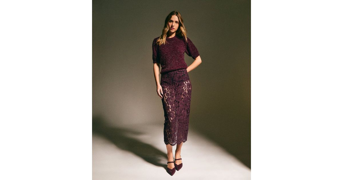 Burgundy Sheer Lace Midi Skirt | New Look | New Look (UK)