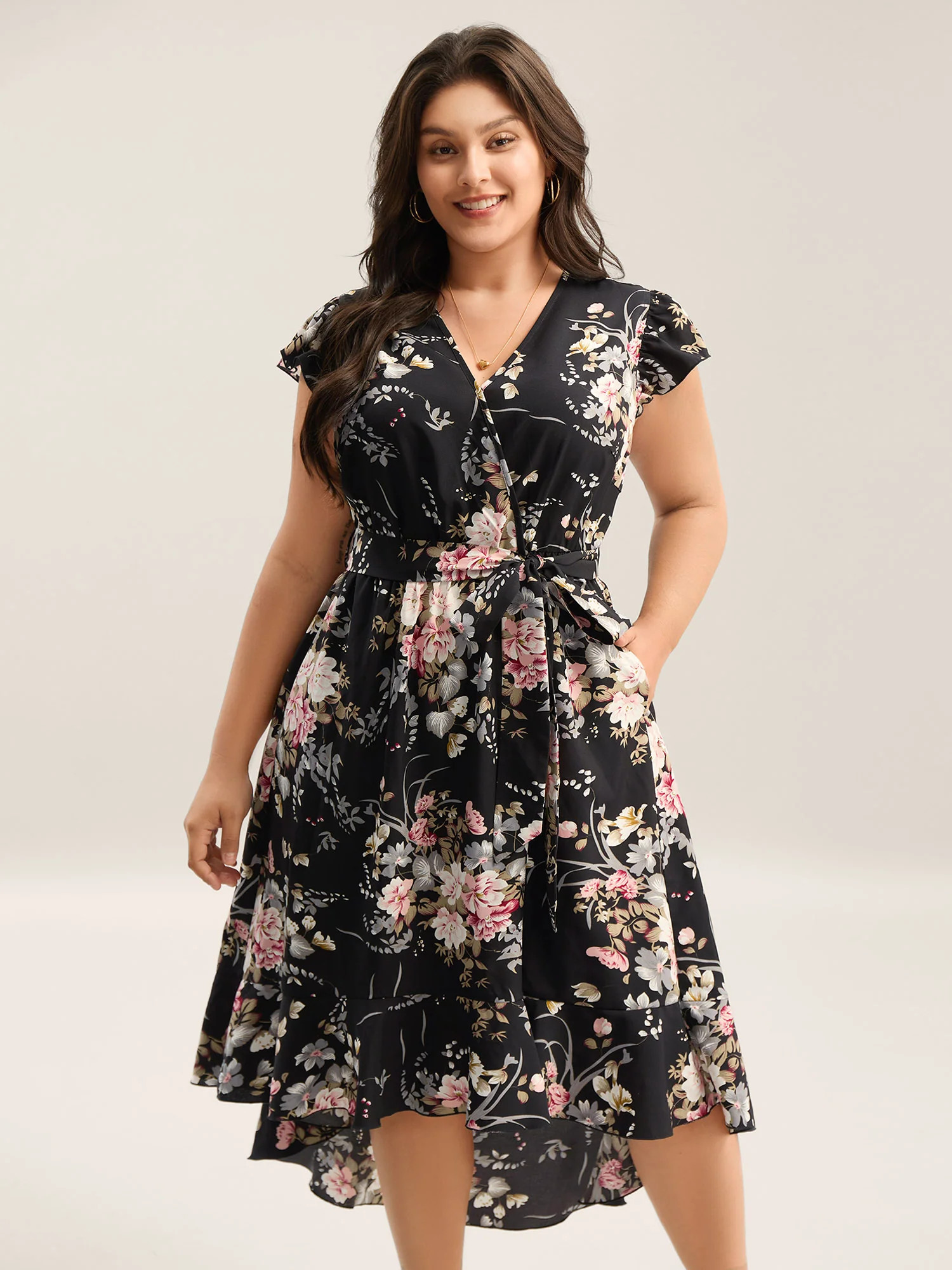 Midnight Blooms Wrap A-Line Midi Dress | Bloomchic