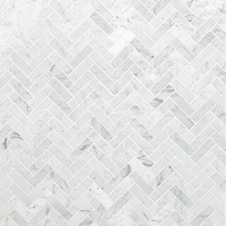 White Carrara Herringbone 12 in. x 12 in. 10mm Polished Marble Stone Mosaic Wall Tile (1 sq. ft.) | The Home Depot