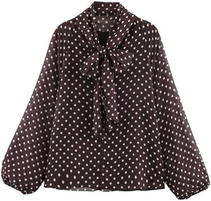 Chevara Women’s Polka Dot Print Blouse Bow Tie Neck Long Sleeve Chiffon Tops | Amazon (US)