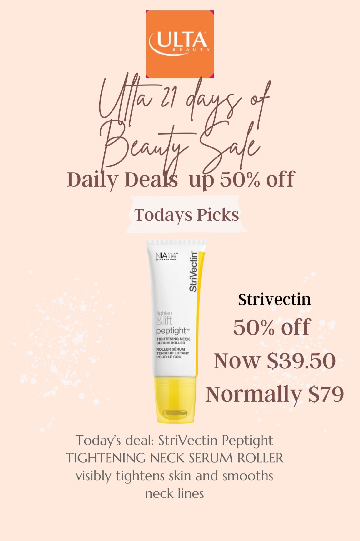 Ulta Beauty sale
50% off

Now $39.50
Normally $79

StriVectin
Peptight Tightening Neck Serum Roller

StriVectin Peptight TIGHTENING NECK SERUM ROLLER visibly tightens skin and smooths neck lines.


#LTKSaleAlert #LTKBeauty